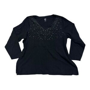 Avenue Black Long Sleeve Rhinestone V-neck Top - Size 22/24
